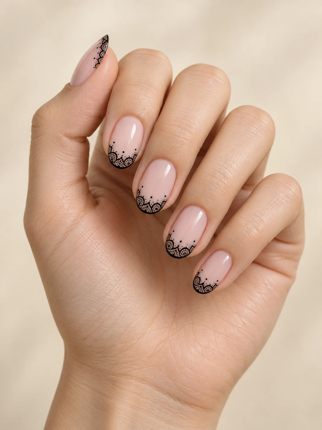 Nude-pink oval nails with delicate flat black lace scallops and tiny black dots confined to the tips on fair neutral skin; medium oval manicure.