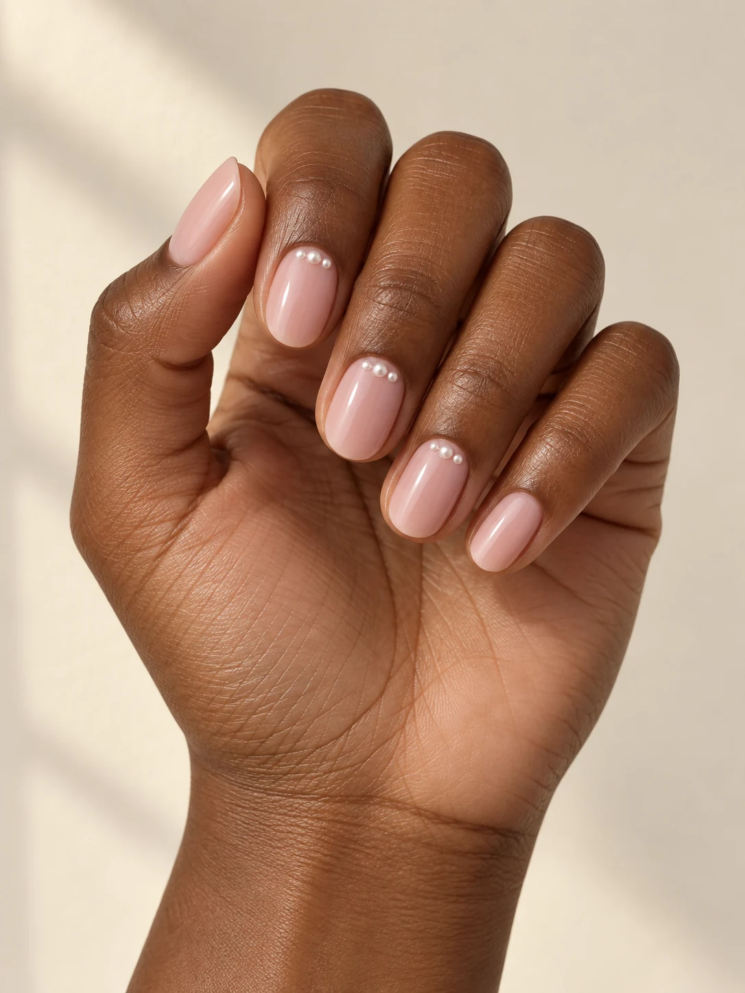 Sheer blush nails with small pearl-like white dot cuffs along the cuticles of accent nails, balanced by plain blush nails on rich deep brown skin; short oval manicure.
