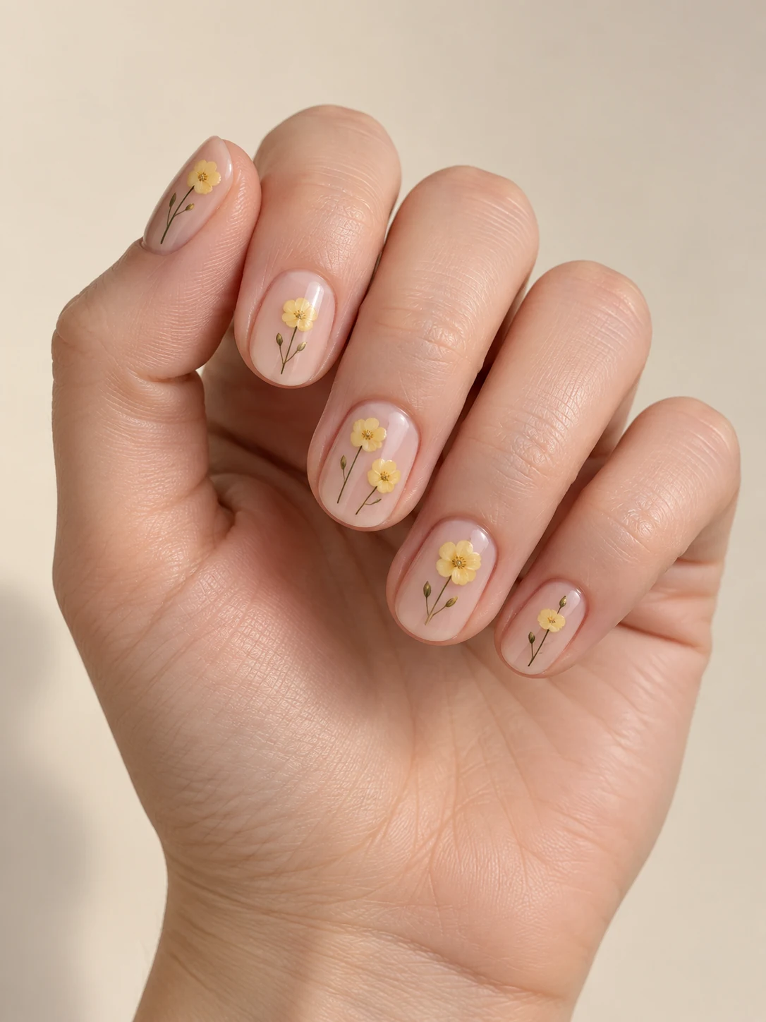 Sheer nude short round nails with tiny yellow buttercups and fine green stems, airy spacing between flowers on fair neutral skin; short round manicure.