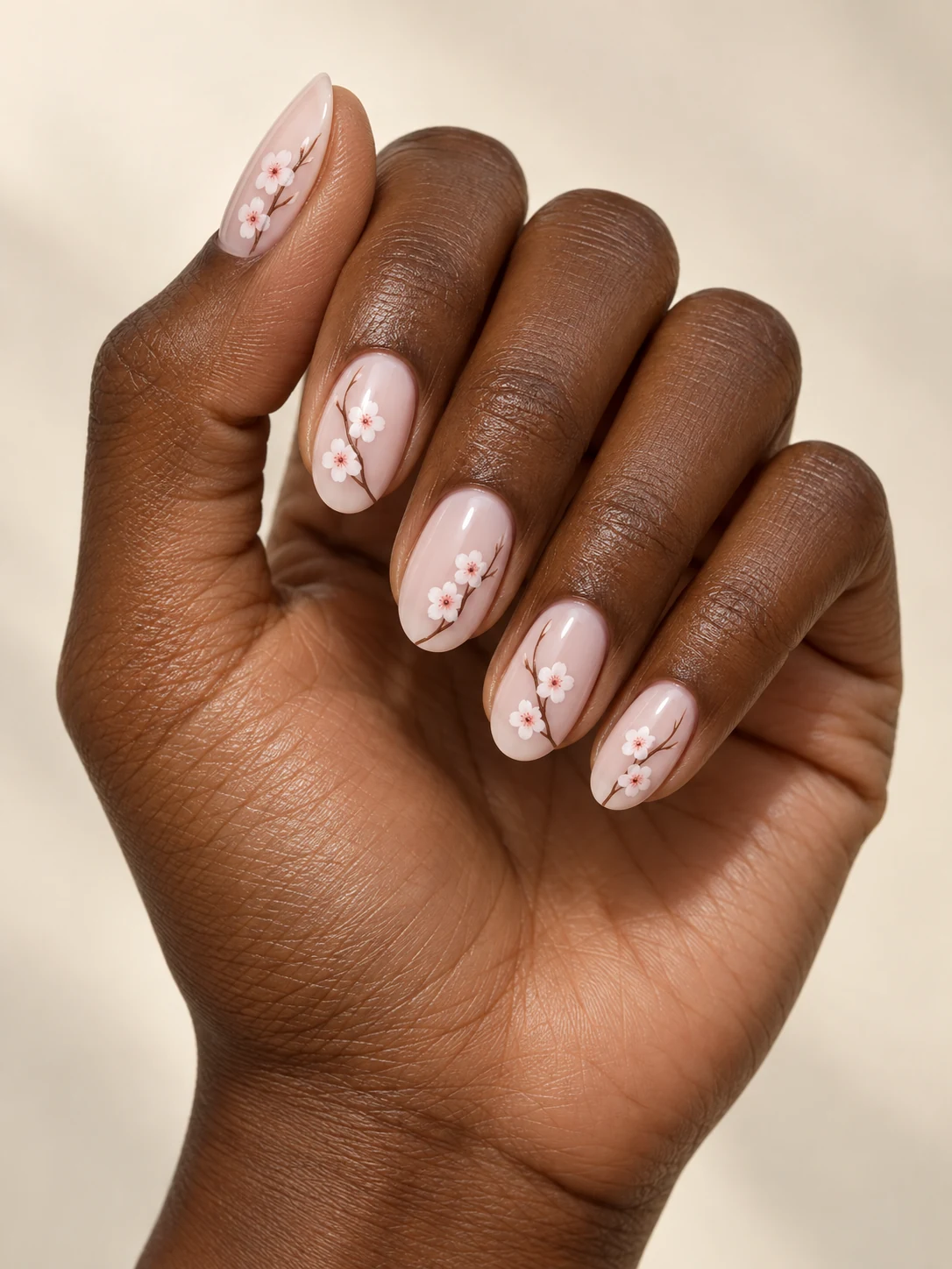 Pale milky pink nails with a fine brown branch and two tiny white-pink five-petal cherry blossoms on each accent nail on rich deep brown skin; medium oval manicure.