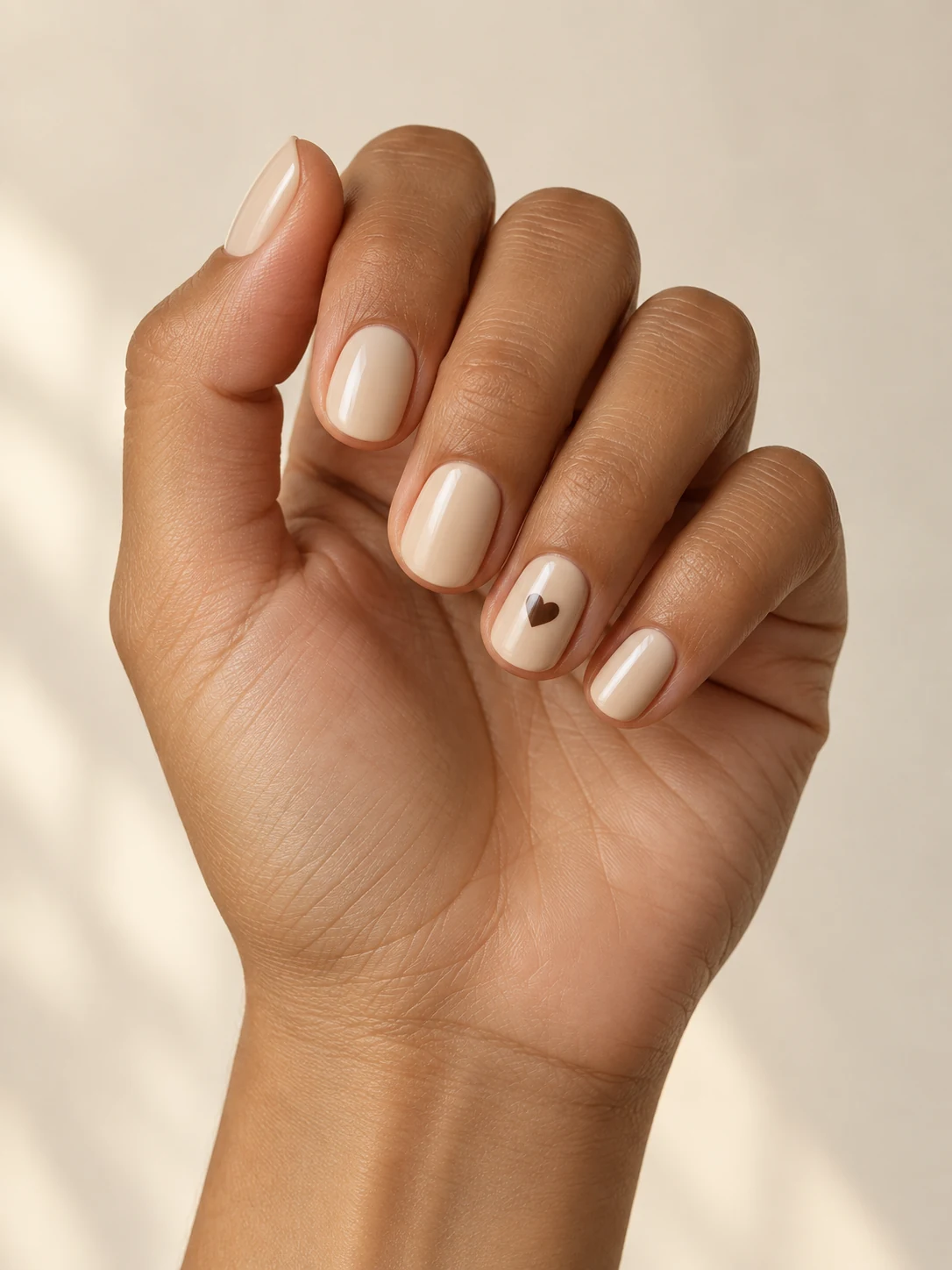 Warm creamy beige nails with a single small dark chocolate heart on each ring-finger accent, remaining nails plain beige on olive tan skin; short round manicure.