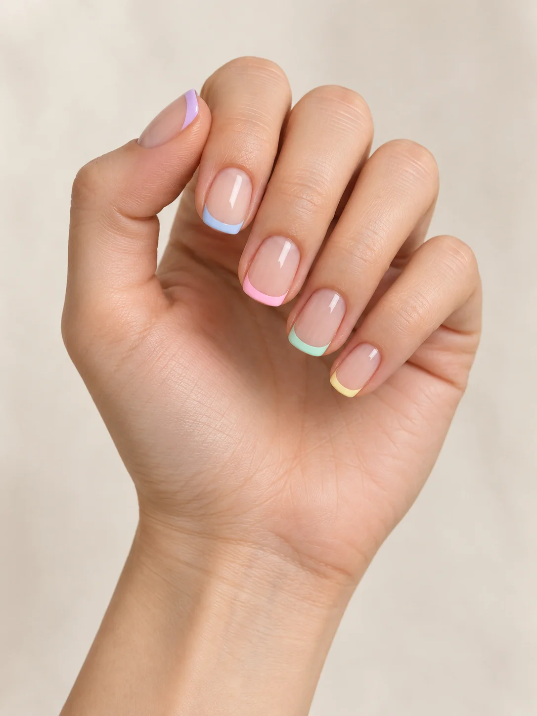 Base nude con puntas pastel multicolor. Forma: Cuadrada redondeada; Longitud: Corto.