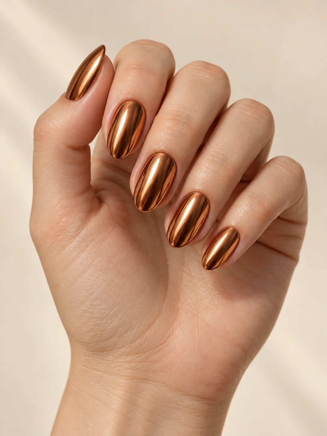 Burnished warm copper mirror-chrome nails, smooth liquid-metal reflections following each oval nail contour on fair neutral skin; medium oval manicure.