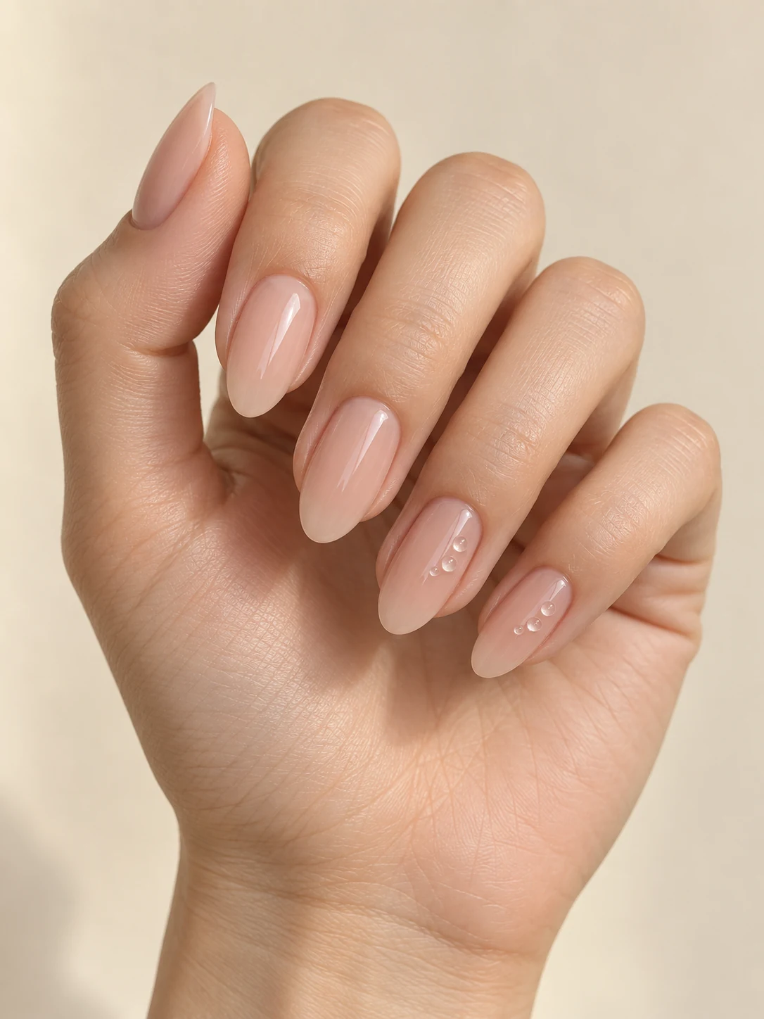 Translucent pale nude nails with three tiny clear dew-like accents arranged diagonally on two nails, sparse and refined on fair neutral skin; medium almond manicure.