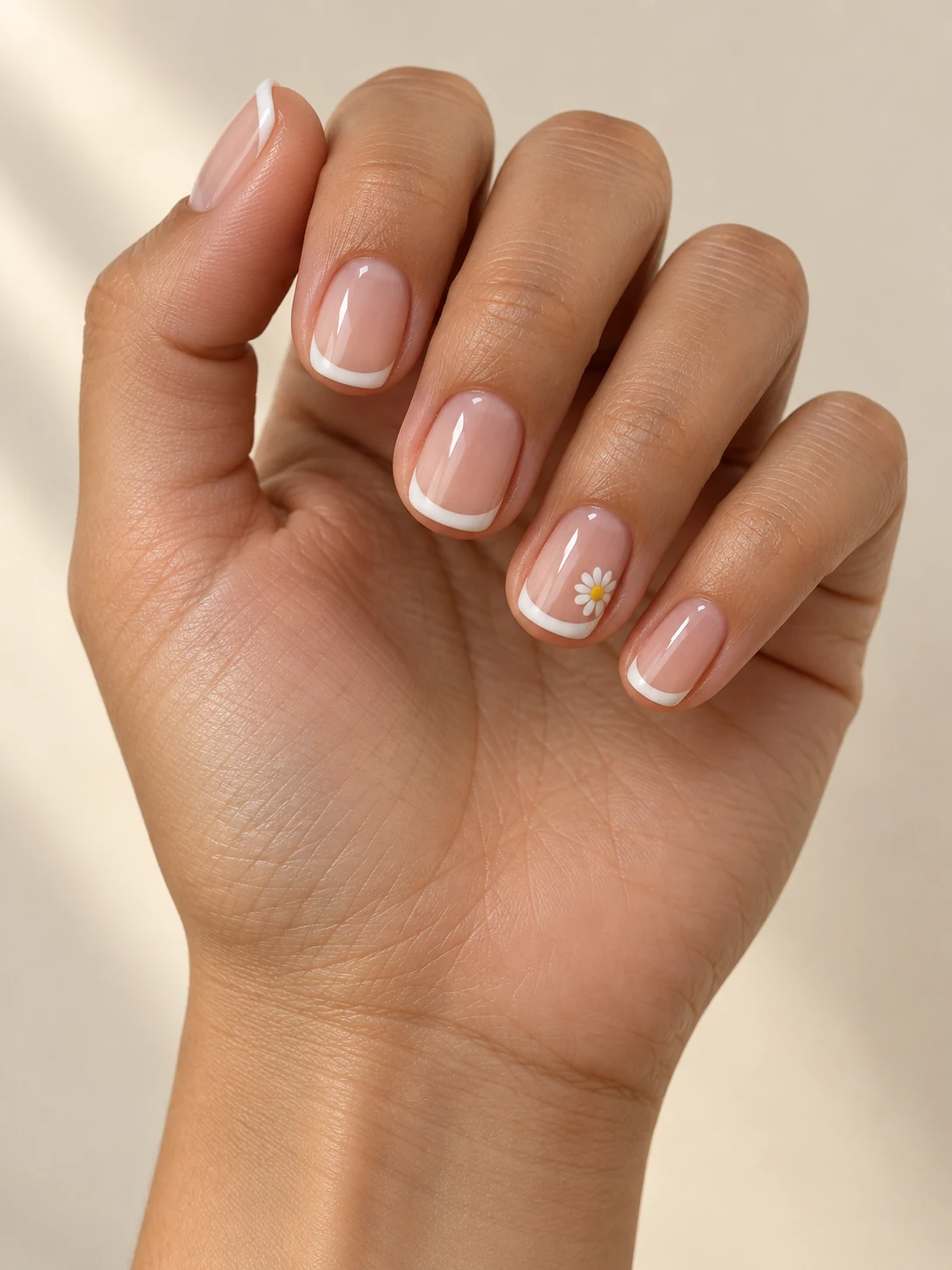 Ultra-fine white French tips on sheer nude nails with a single tiny white daisy and yellow center on one ring-finger accent on warm medium skin; short squoval manicure.