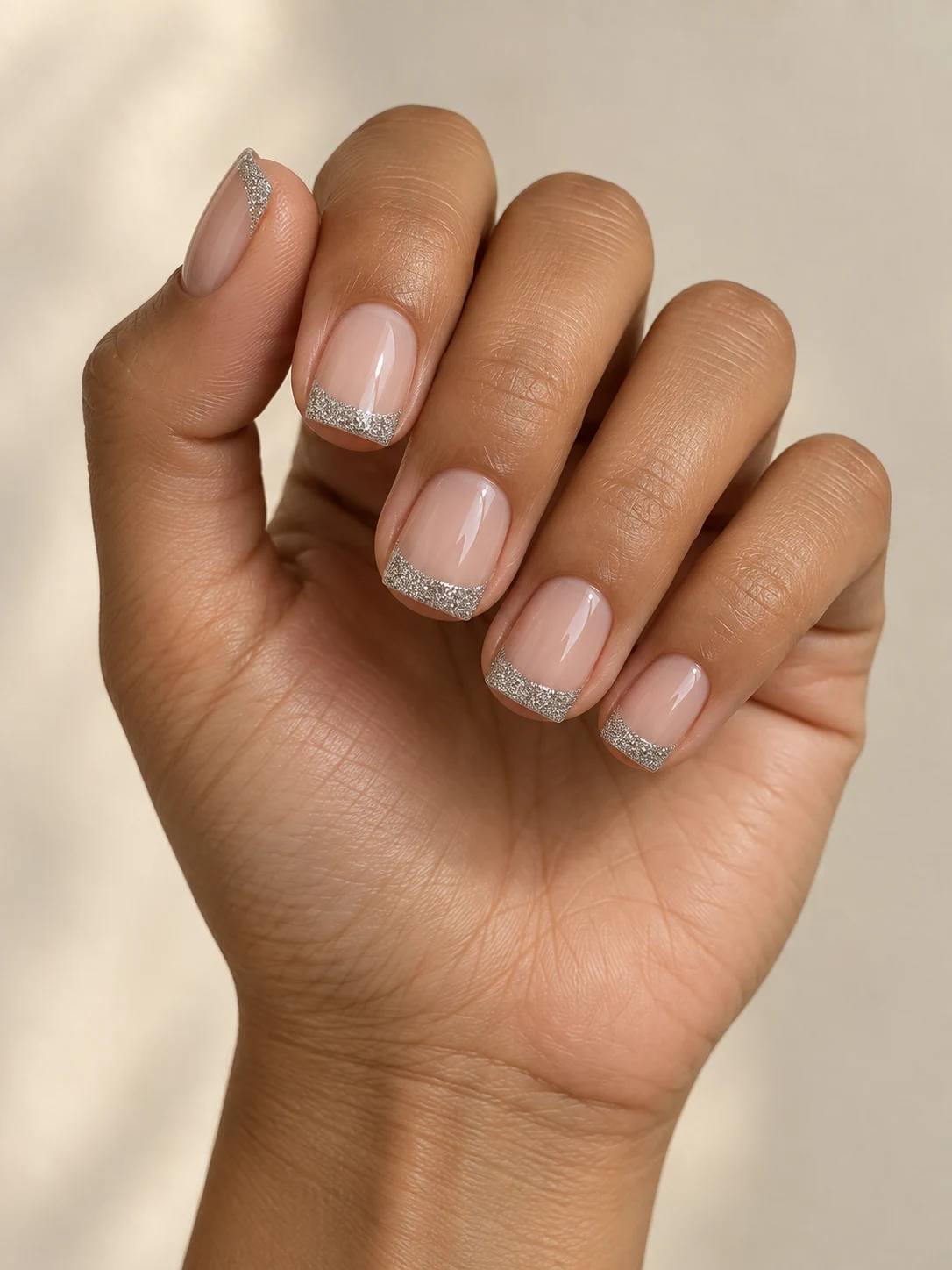 Nude short square nails with densely shimmering fine-silver French tips, clean contrasting tip boundary on olive tan skin; short square manicure.