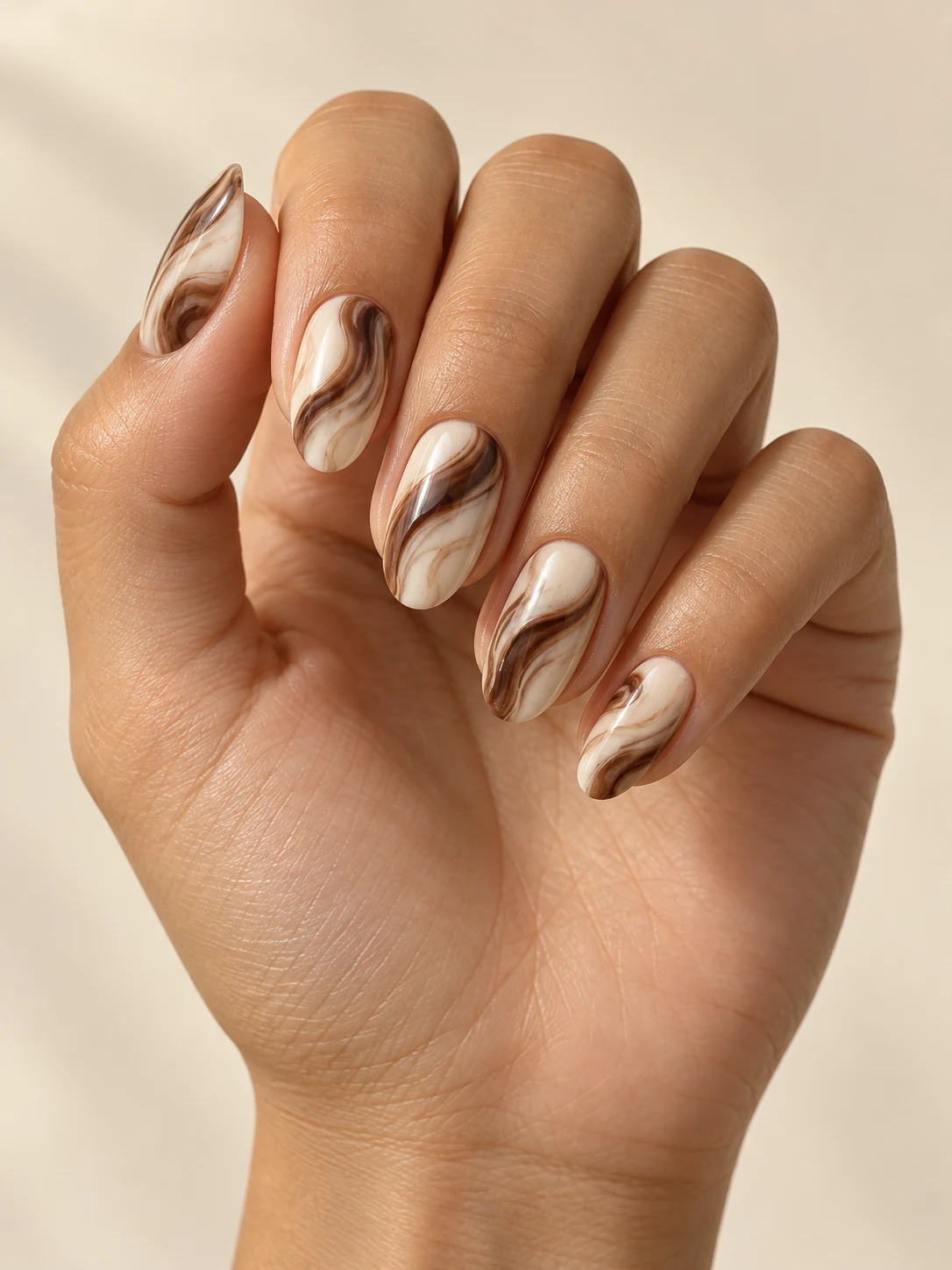 Cream and espresso marbled ribbons with organic soft edges, one gentle coffee-colored swirl crossing each oval nail on light golden skin; medium oval manicure.