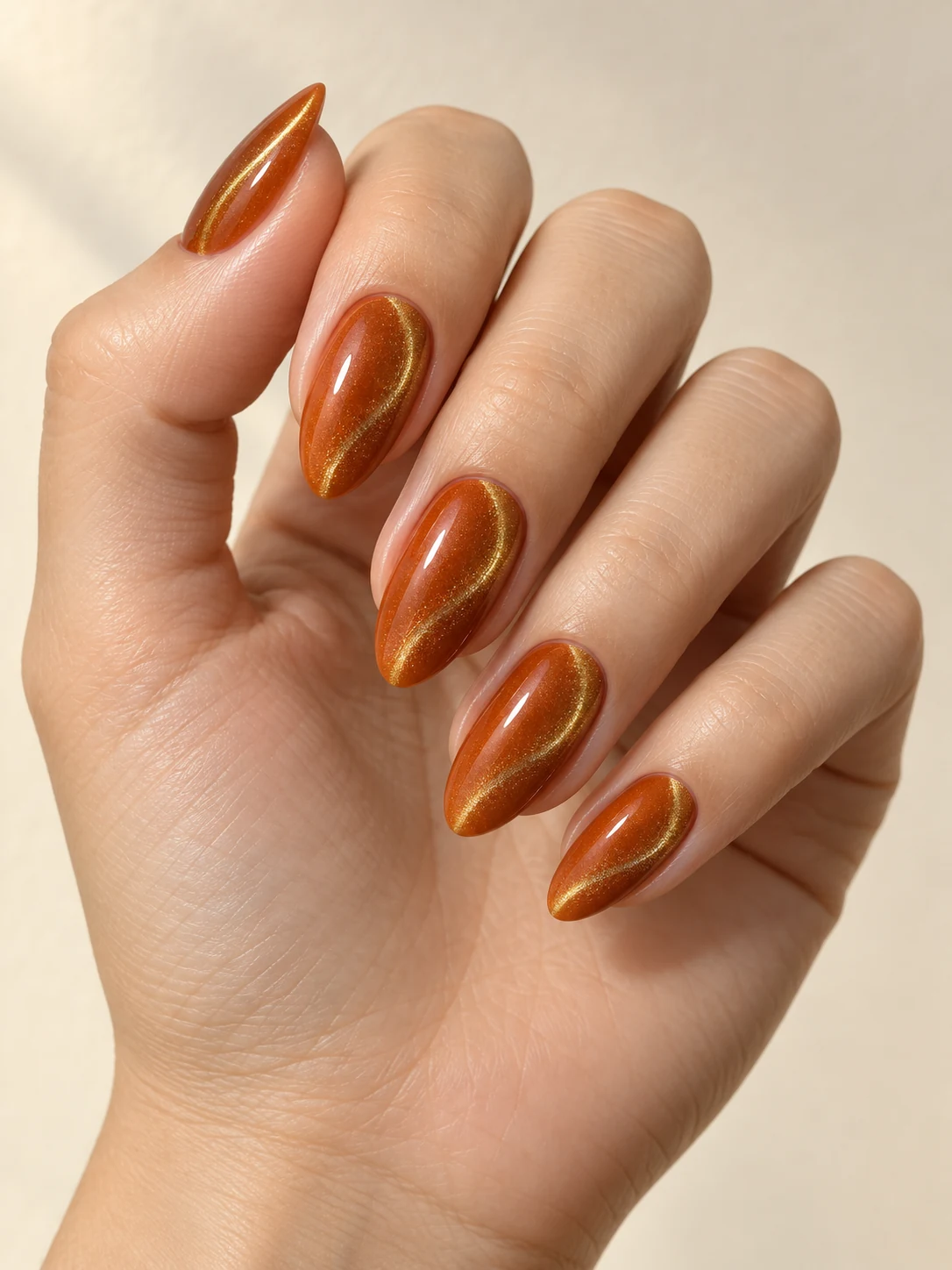 Warm ginger-orange nails with a narrow glowing gold magnetic stripe curving along one side, no glitter chunks on fair neutral skin; medium almond manicure.