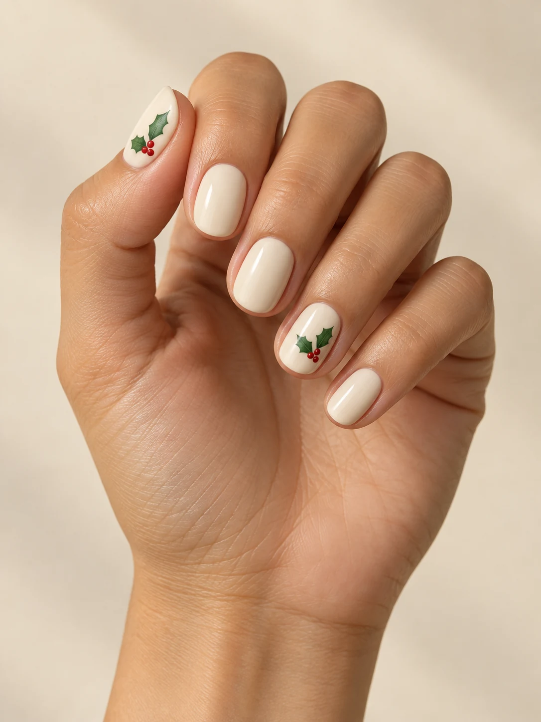Warm ivory nails with a tiny cluster of two green holly leaves and three small red berry dots on two accents on light golden skin; short round manicure.