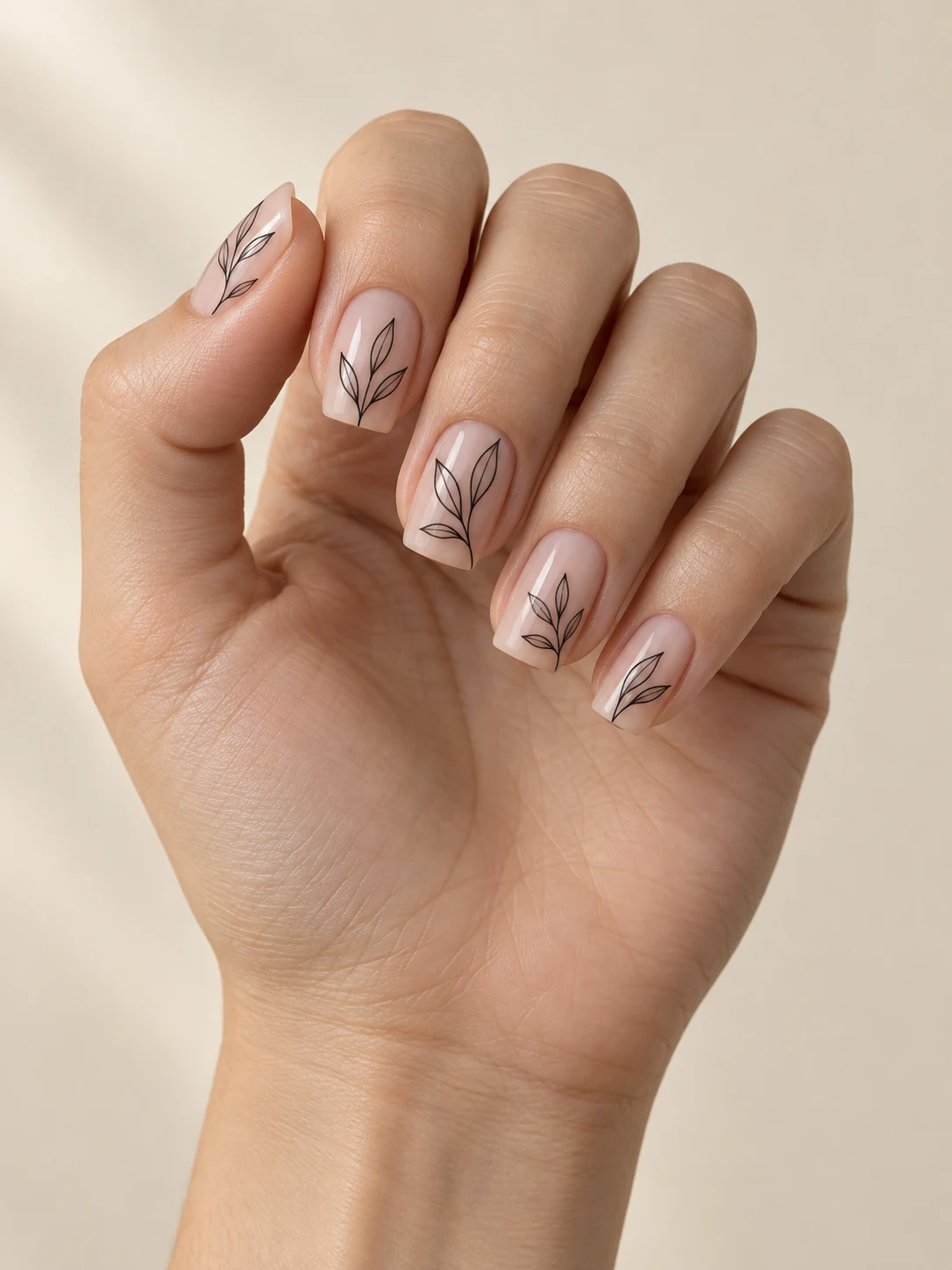 Sheer nude nails with sparse black single-line botanical leaf outlines, fine illustrative strokes and plenty of open space on fair neutral skin; medium square manicure.