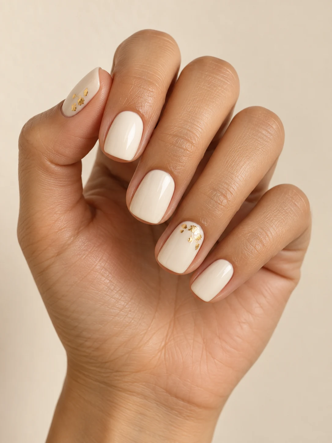 Opaque warm ivory nails with a few irregular tiny gold-leaf flakes placed close to the cuticle of two accent nails on light golden skin; short squoval manicure.