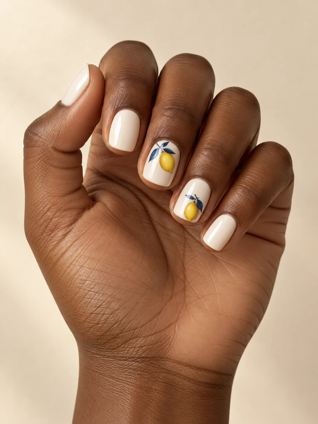 Ivory nails with one tiny yellow lemon and dark blue leaf accents on two nails, remaining nails glossy ivory on rich deep brown skin; short squoval manicure.