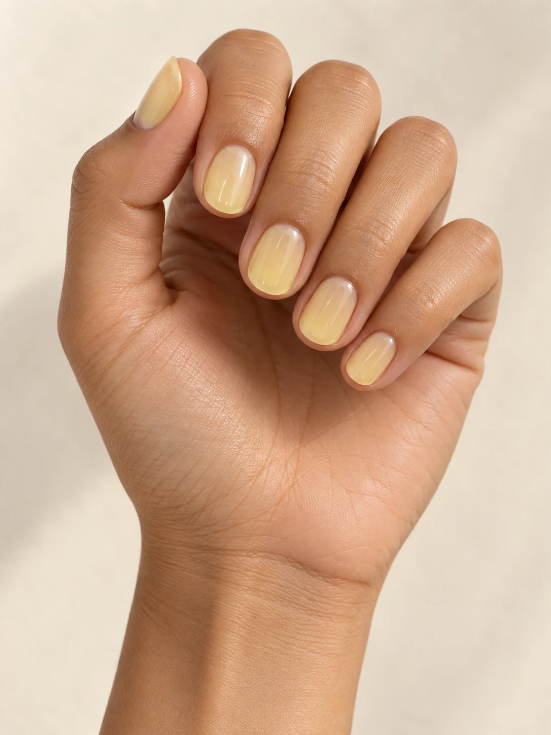 Translucent pale lemon-yellow short round nails with clean glass-like depth and no glitter or decoration on warm medium skin; short round manicure.