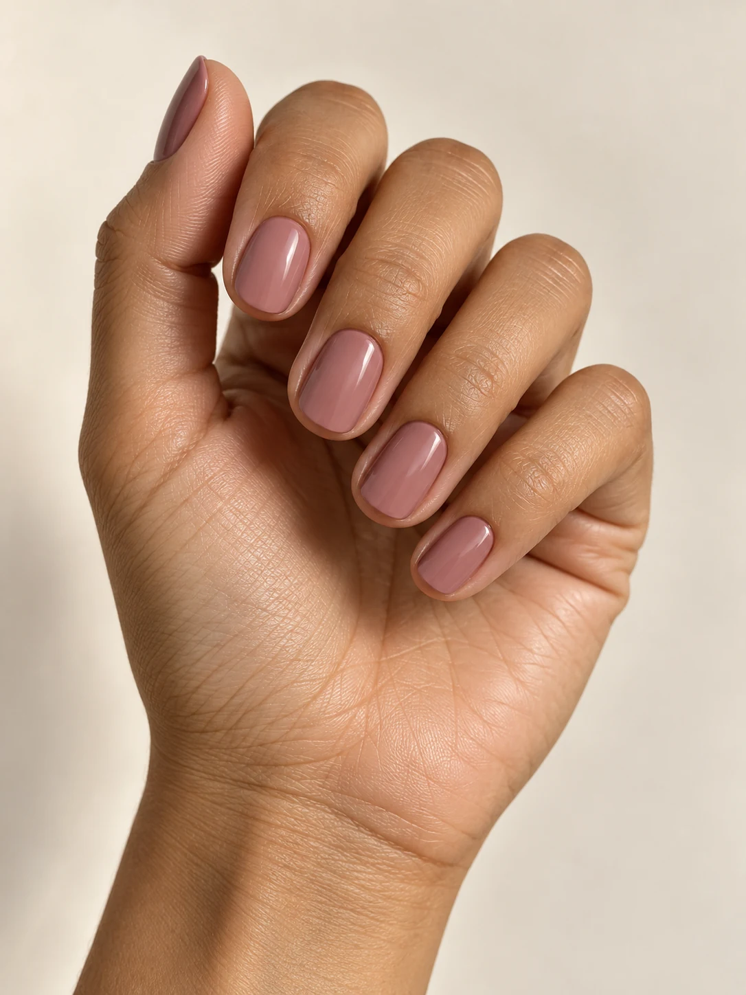 Dusty pink-mauve nails in a smooth creamy opaque finish, compact natural rounded free edges and gentle gloss on olive tan skin; short round manicure.