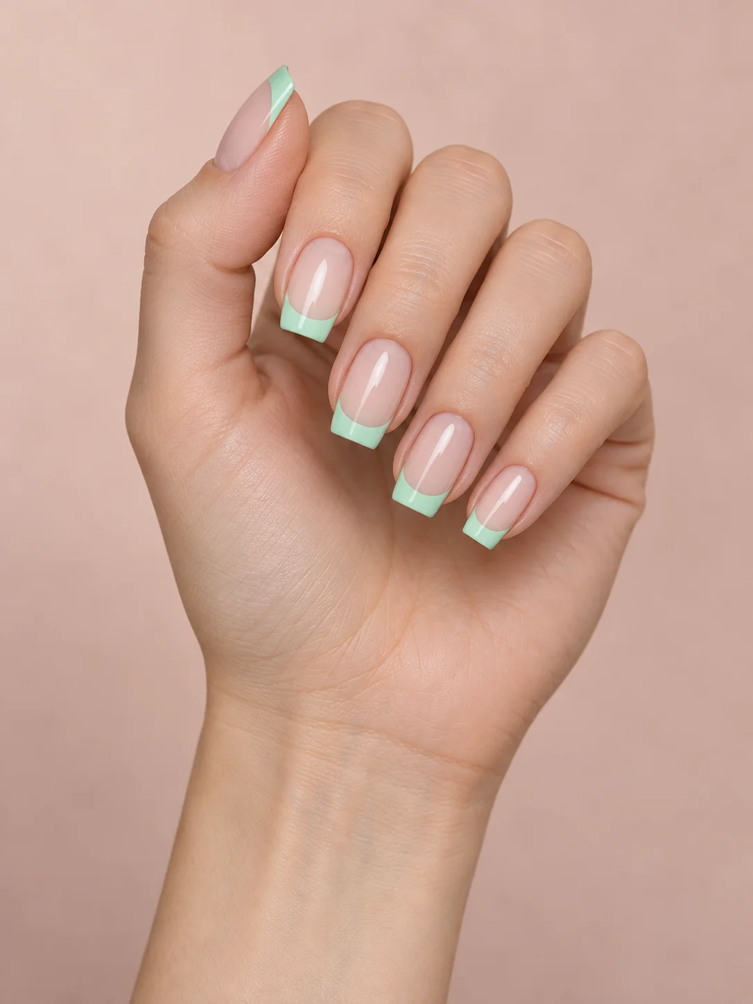 Base nude con puntas verde menta. Forma: Cuadrada; Longitud: Medio.