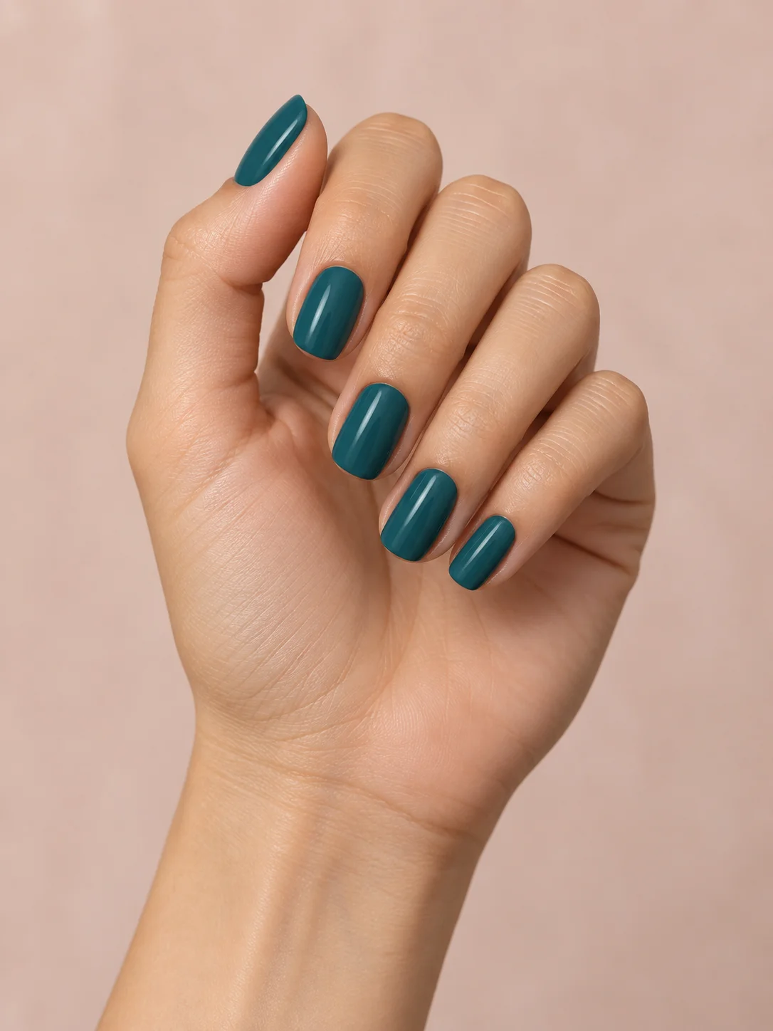 Glossy teal polish brings blue-green depth to short squoval nails.