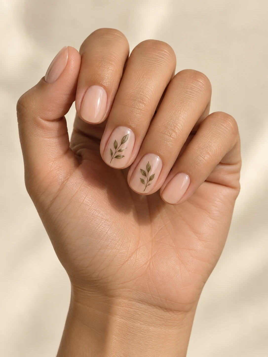 Sheer beige nails with one small olive-green leafy sprig on each ring and middle nail, other nails plain nude on light golden skin; short oval manicure.