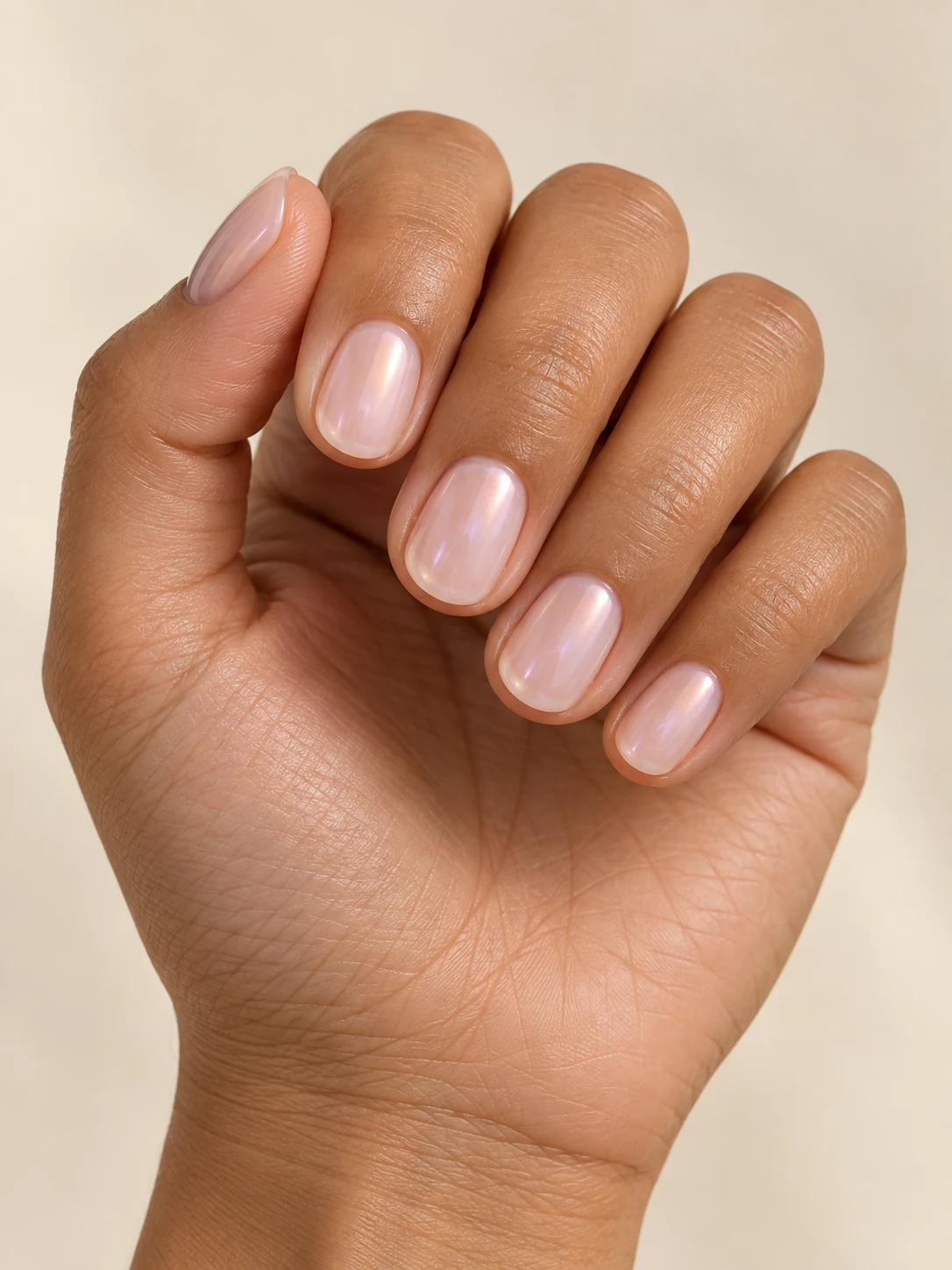 Rosa lechoso con brillo opalino. Forma: Redonda; Longitud: Corto.