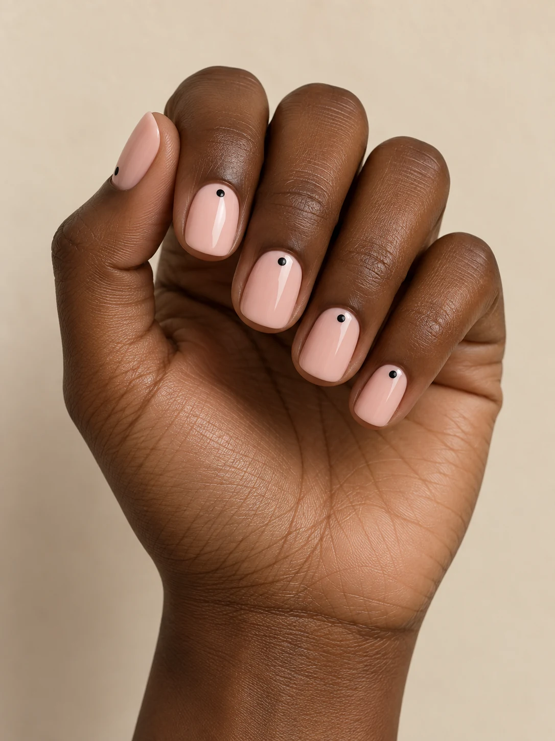 Opaque ballet pink nails with a single tiny black dot centered near the cuticle of each nail on rich deep brown skin; short squoval manicure.