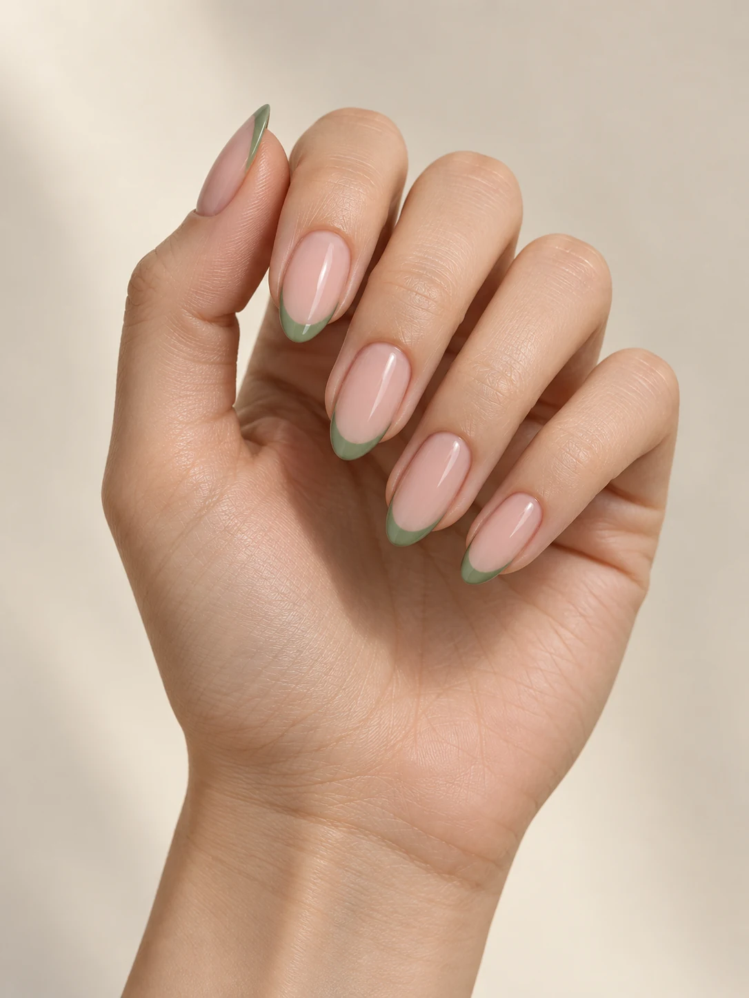 Sheer pink-nude almond nails with fine muted pistachio-green French tips, soft low-contrast elegance on fair neutral skin; medium almond manicure.