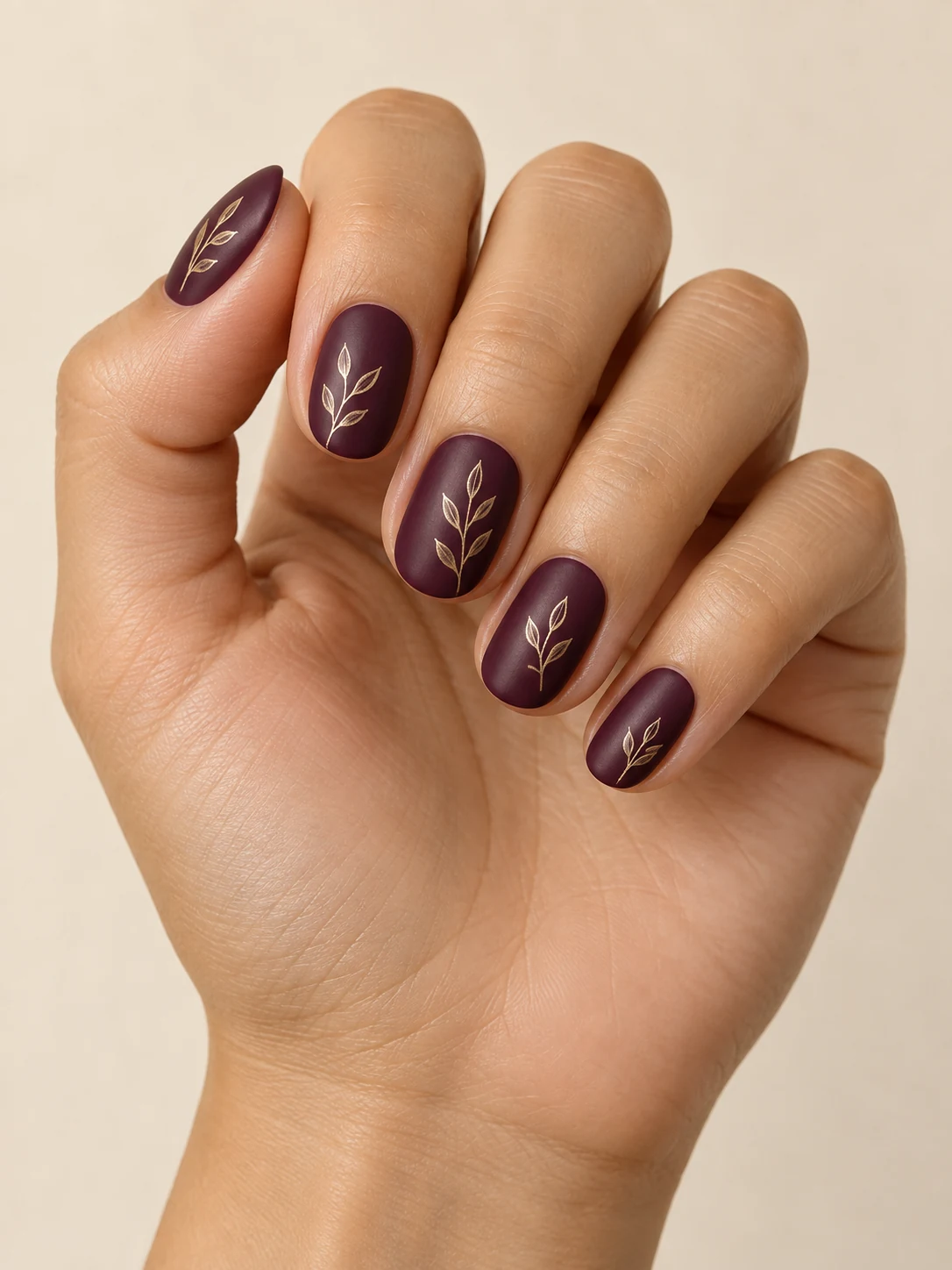 Deep muted plum nails with a satin finish and fine gold botanical leaf outlines across each nail on light golden skin; short oval manicure.