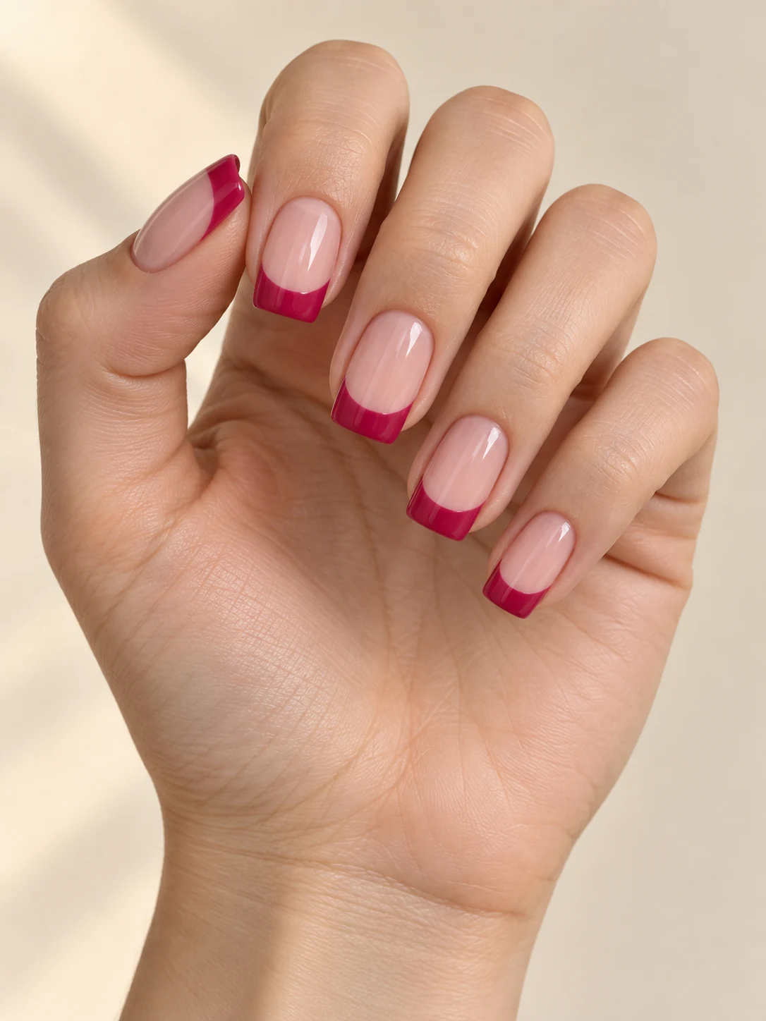 Sheer peach-nude square nails with deep raspberry-pink tips, softly curved smile lines and a glossy finish on fair neutral skin; medium square manicure.