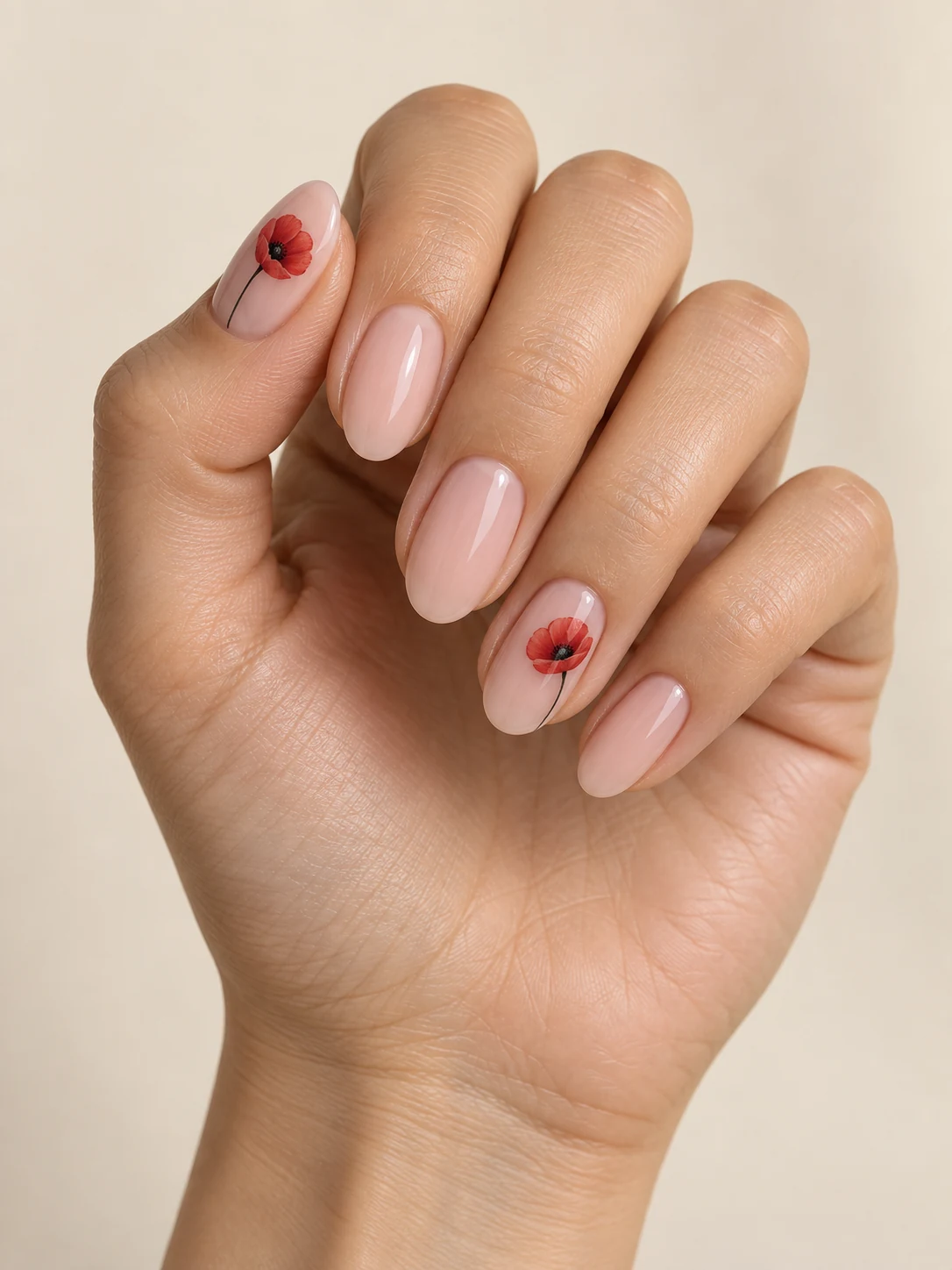Nude pink nails with one small red poppy with a black center on each ring finger and thumb, the other nails plain nude on light golden skin; medium oval manicure.