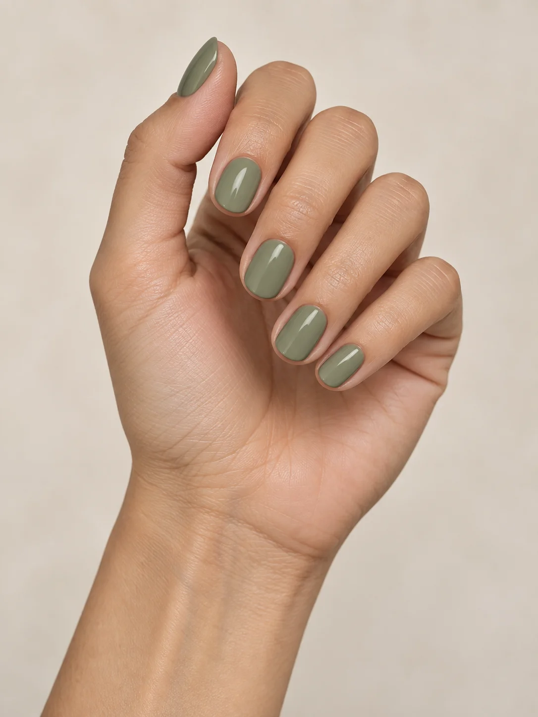 Verde salvia de color uniforme. Forma: Redonda; Longitud: Corto.