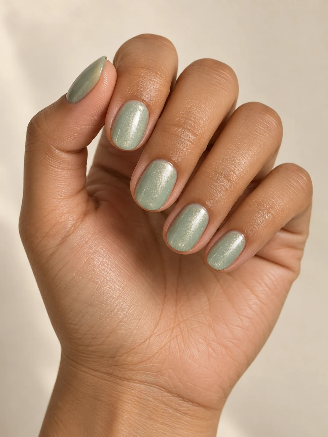 Pale seafoam-green short oval nails with a fine pearly luminous finish, restrained glossy glow on warm medium skin; short oval manicure.