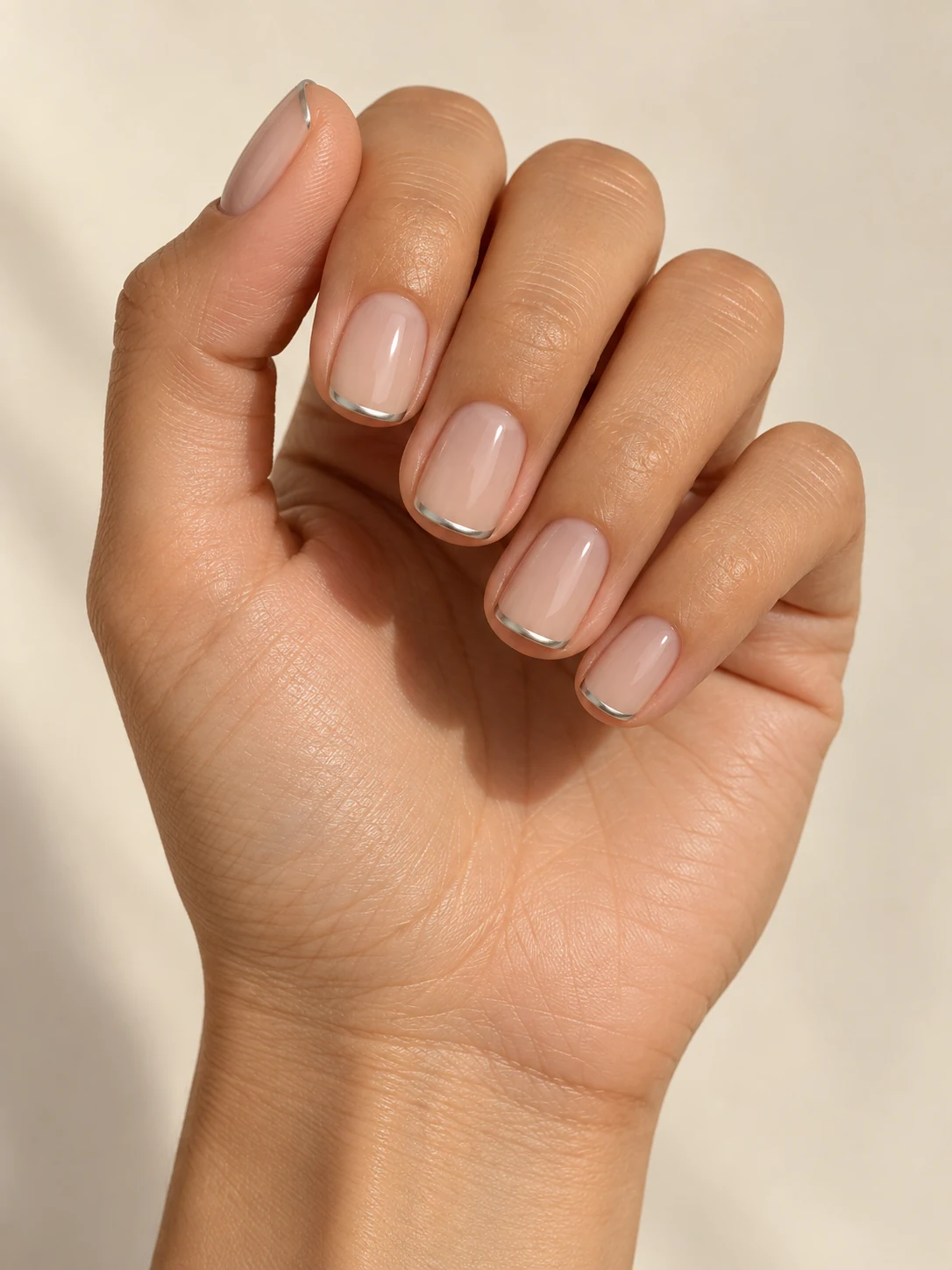A sheer beige base with an exceptionally narrow metallic silver line precisely tracing the free edge on light golden skin; short squoval manicure.