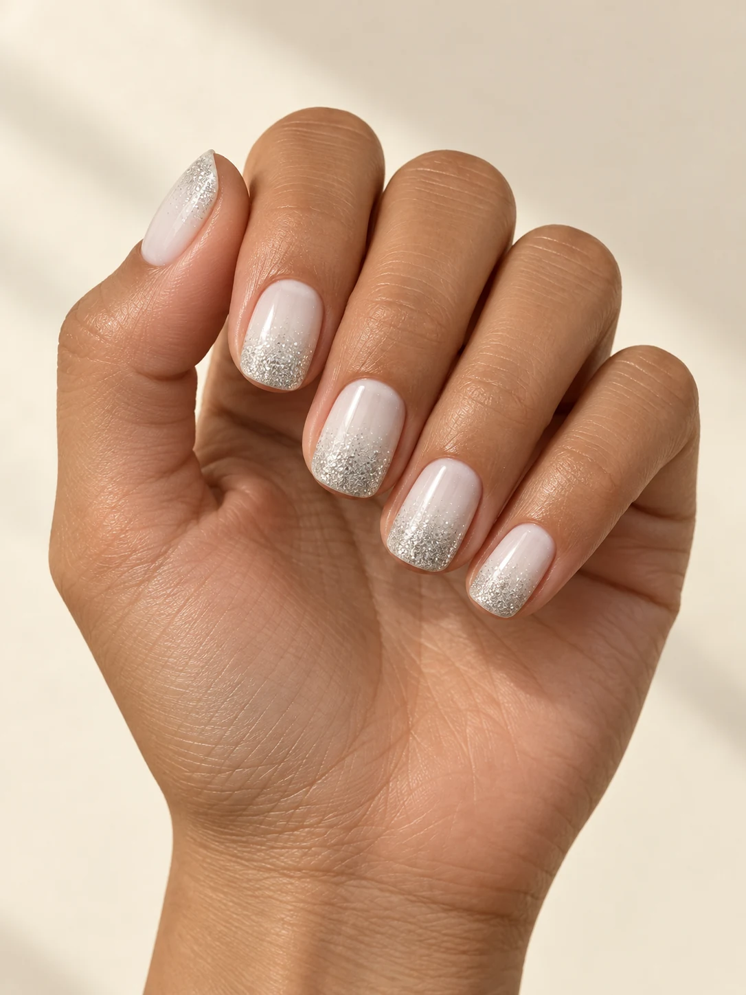 Milky white nails with a soft fine-silver shimmer gradient concentrated at the tips, smooth snowy fade on olive tan skin; short squoval manicure.