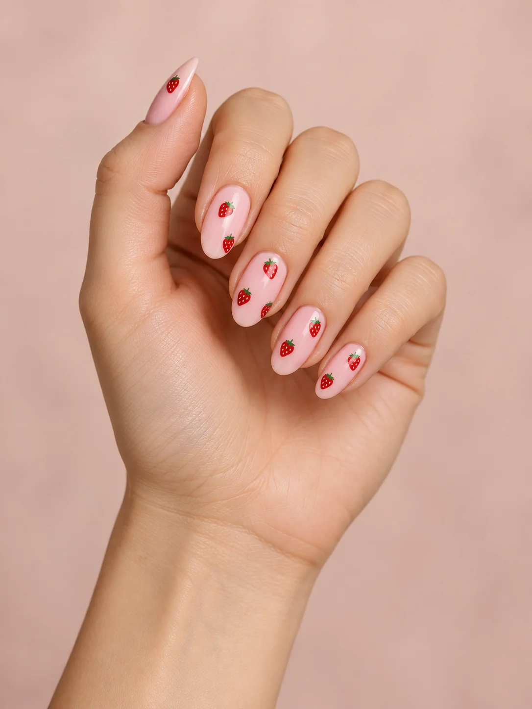 Rosa pastel con pequeñas fresas rojas. Forma: Ovalada; Longitud: Medio.
