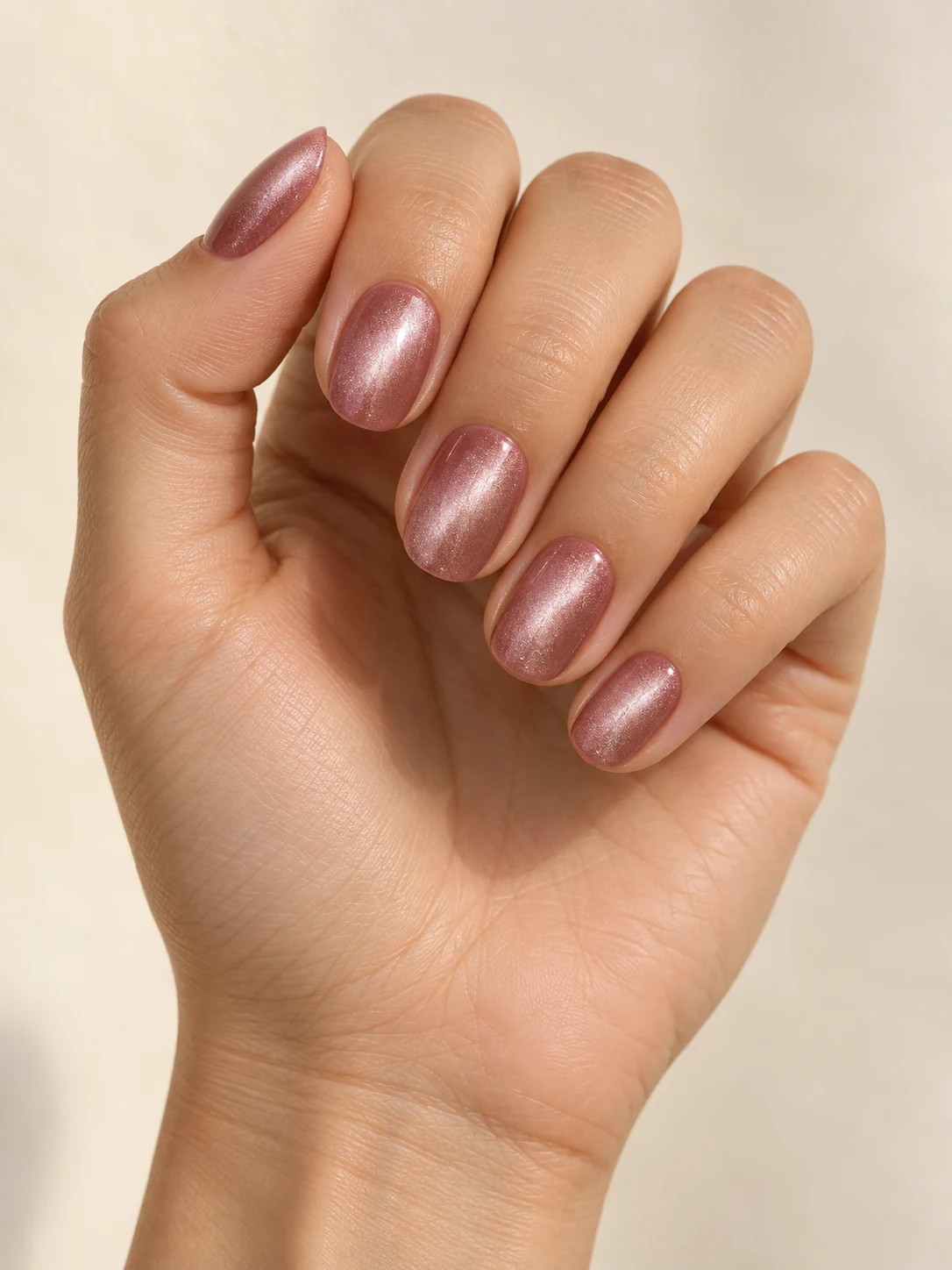 Short oval dusty rose nails with a broad soft silvery-pink magnetic glow centered on each nail, velvet-like depth on light golden skin; short oval manicure.